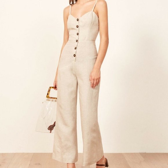 Reformation Sand Beige Torta Linen Jumpsuit Size 10 - Picture 1 of 15